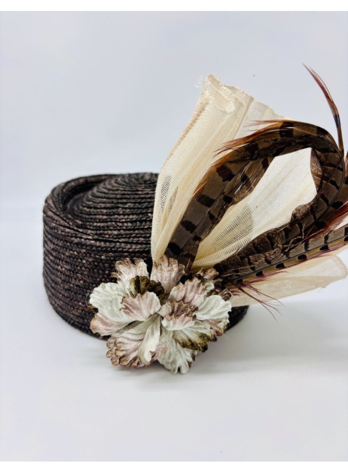 Headdress with straw bonnet and brown pheasant...