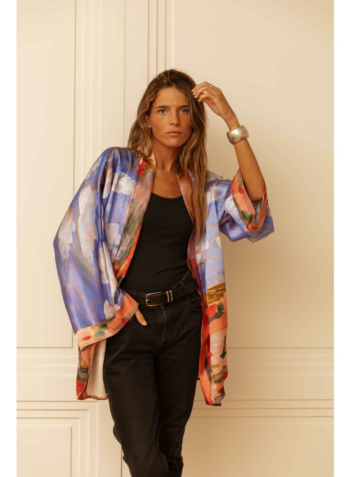 Printed short kimono