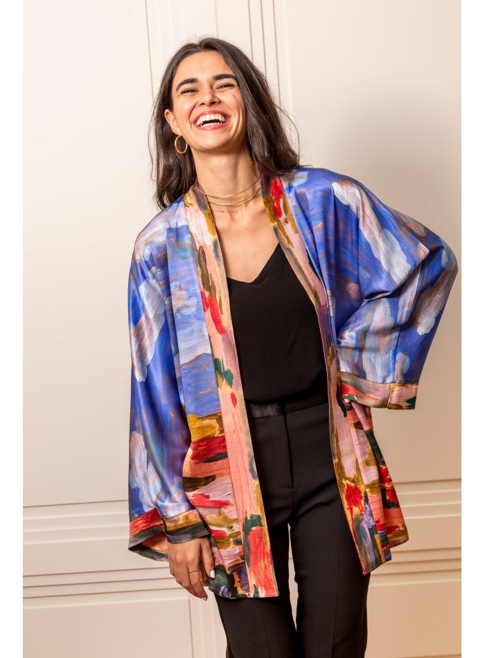 Printed short kimono