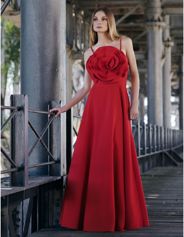 Long dress for guest with maxi flower bodice