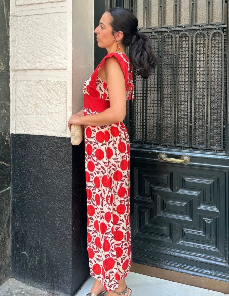 Vestido midi estampado con escote cerrado y detalle fajín Vestido midi estampado con escote cerrado y detalle fajín