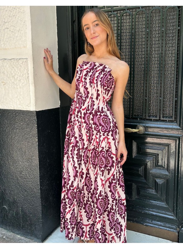 Robe midi imprimée avec encolure sans bretelles
