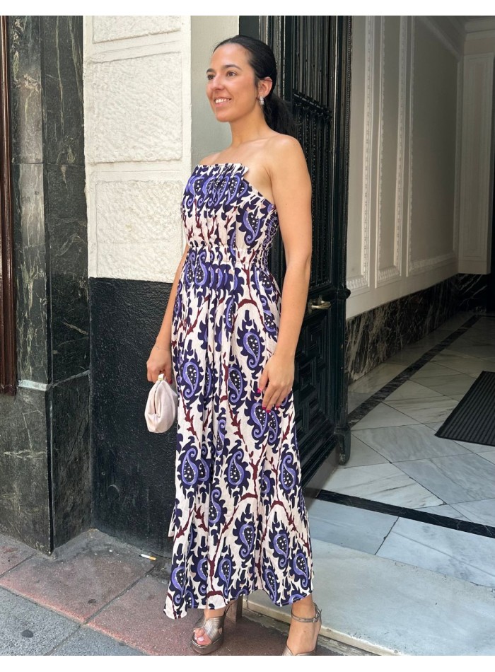 Robe midi imprimée avec encolure sans bretelles