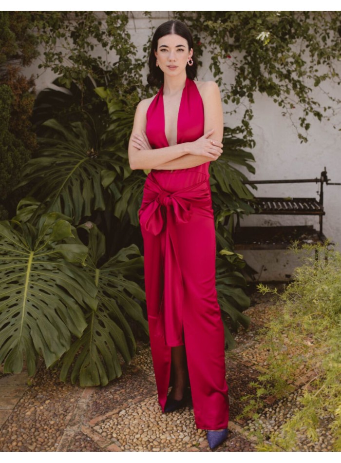Fuchsia long party dress with maxi bow and V-neckline