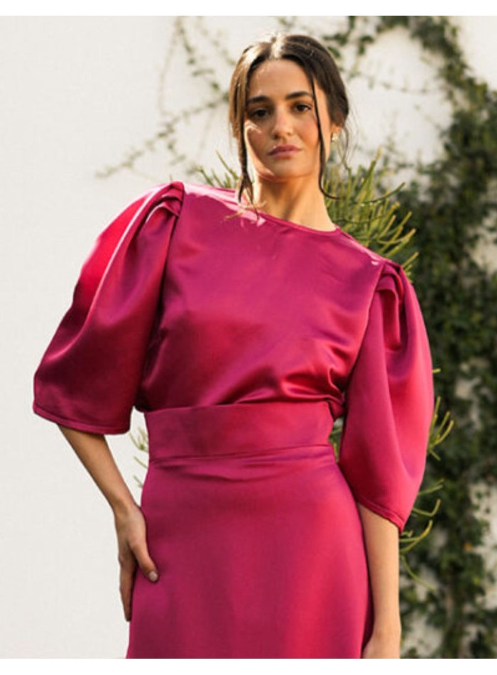 Chemisier de fête fuchsia à manches courtes bouffantes