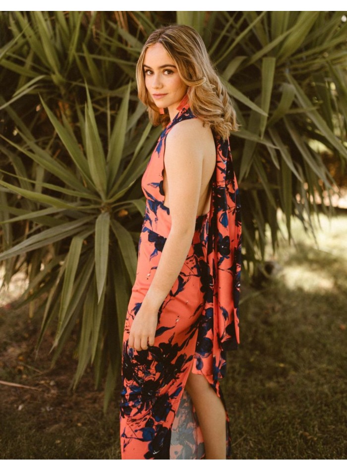Vestido midi satén estampado coral y azul para graduaciones