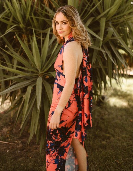 Coral and blue midi satin print dress