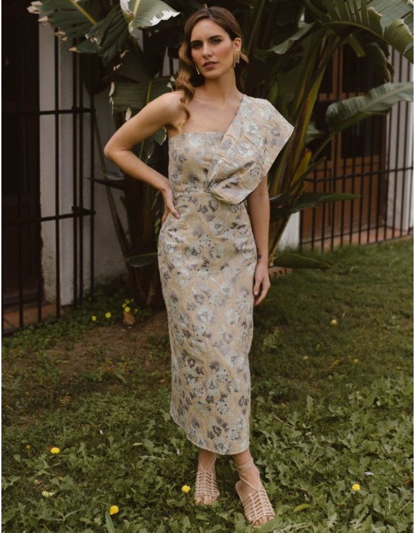 Robe midi or, vert d'eau et lilas avec fleurs en brocart