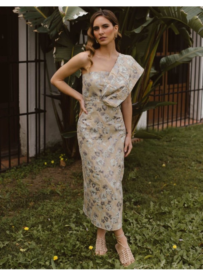 Vestido midi brocado de flores dorado, verde agua y lila