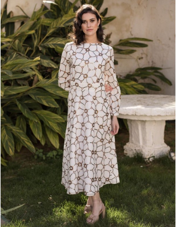 Vestido midi con lentejuelas cobre y manga larga