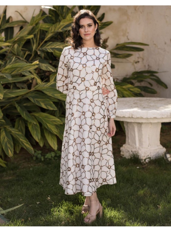 Vestido midi con lentejuelas cobre y manga larga