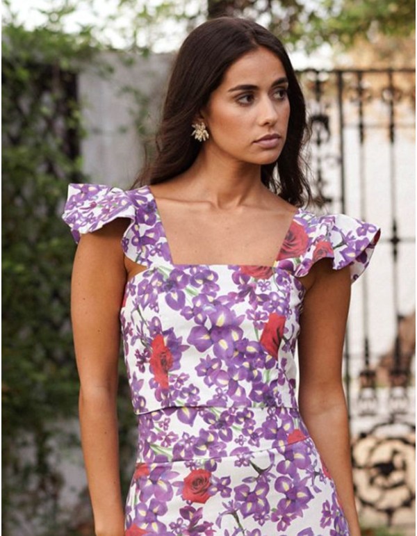Purple and red floral print top with ruffles