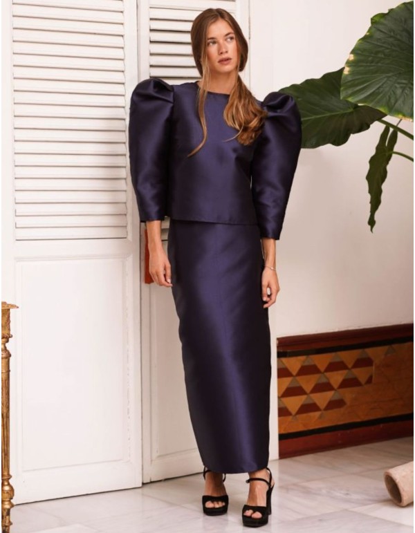 Falda midi recta en mikado azul marino