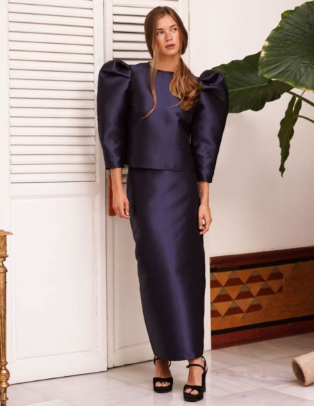 Falda midi recta en mikado azul marino