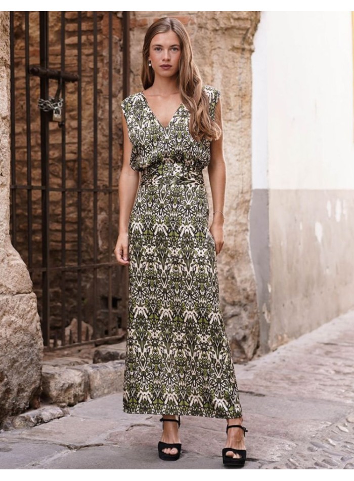 Falda midi evasé estampada en verdes, crudo y negro para eventos