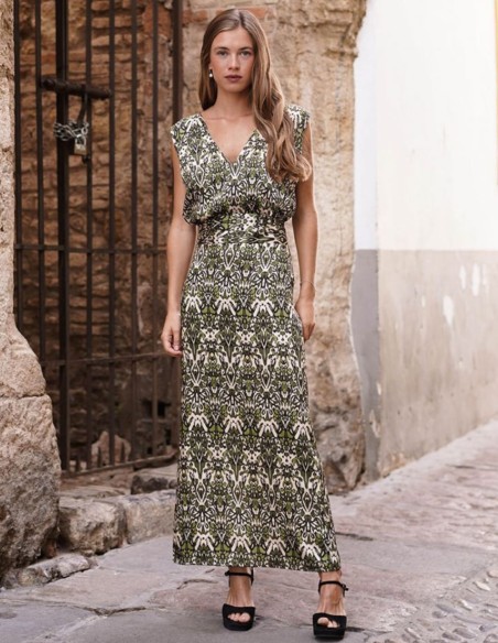 Jupe midi évasée imprimée en vert, écru et noir