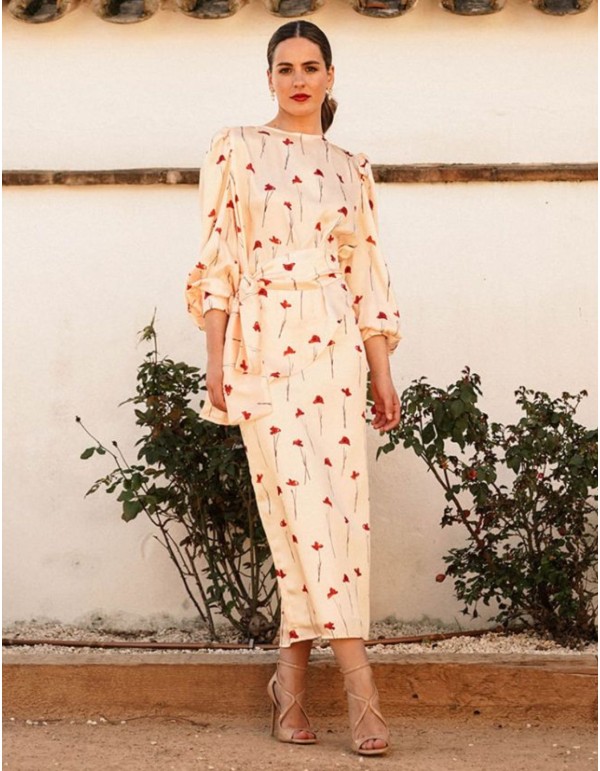 Straight midi skirt with slit and rose print