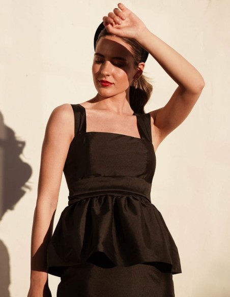 Black taffeta strapless top with peplum ruffle and maxi scarf