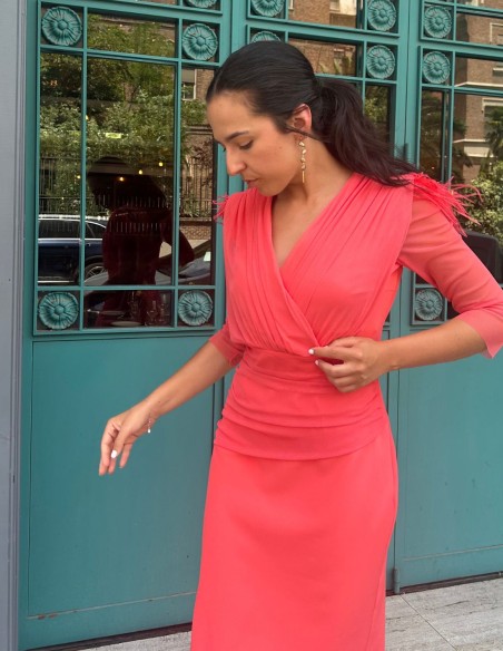 Midi dress for guest with draped detail and French sleeves