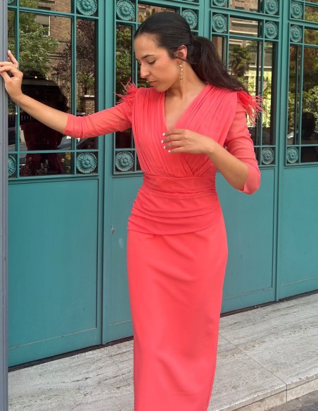 Midi dress for guest with draped detail and French sleeves