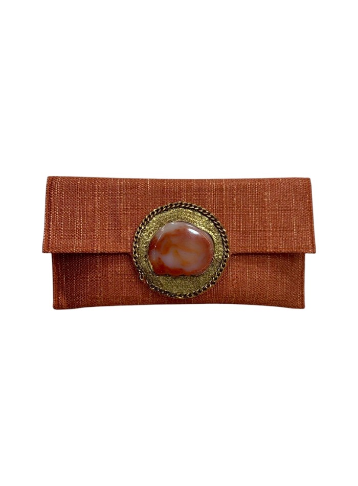 Portefeuille en jute orange avec pierre décorative et chaîne