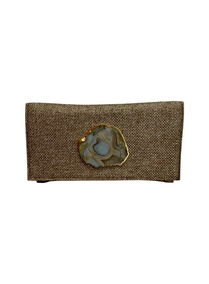 Golden jute handbag with stone brooch