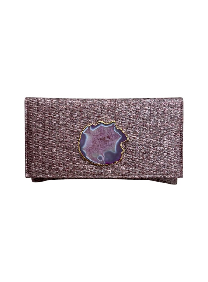 Nude jute handbag with stone brooch