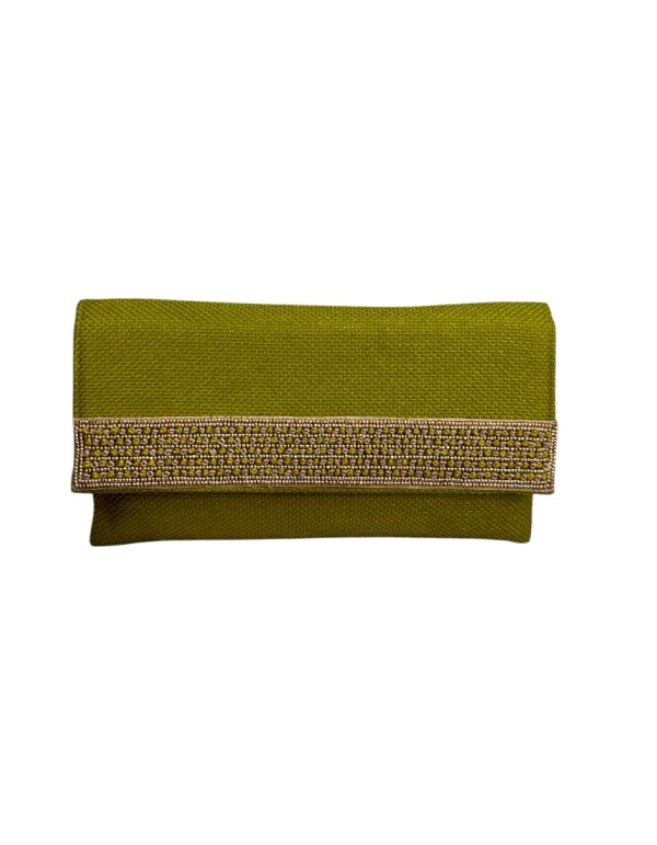 Portefeuille en jute olive avec pierres et chaîne dorée