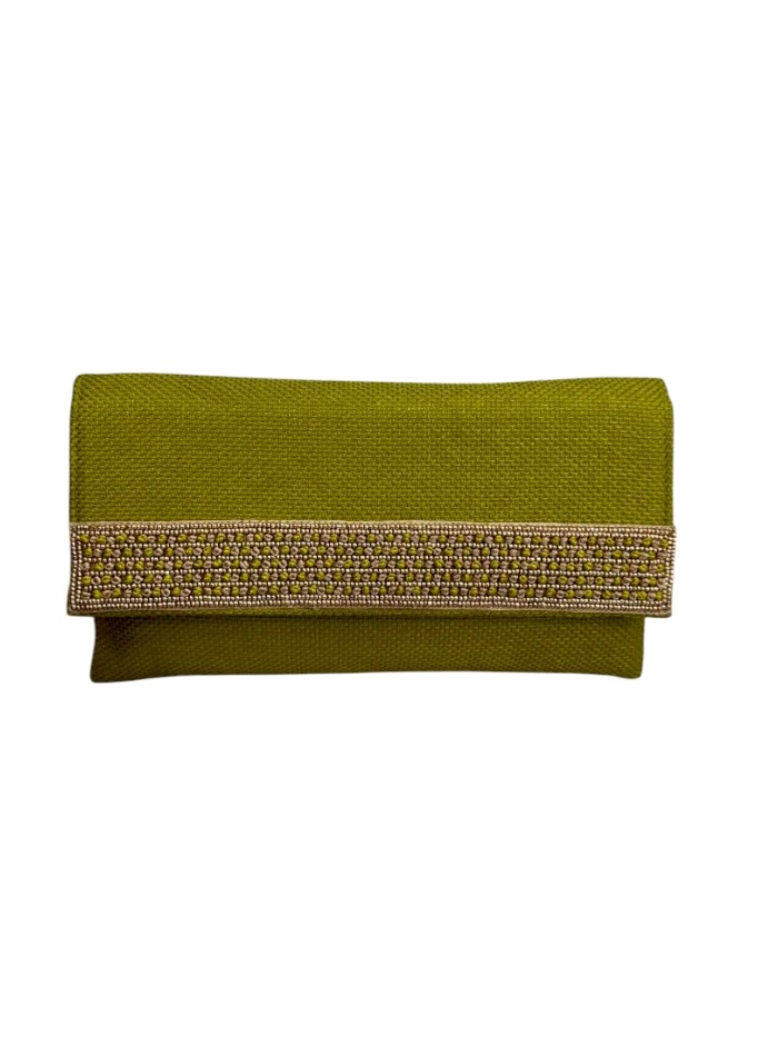 Portefeuille en jute olive avec pierres et chaîne dorée