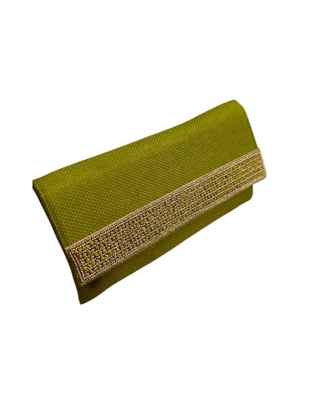Portefeuille en jute olive avec pierres et chaîne dorée