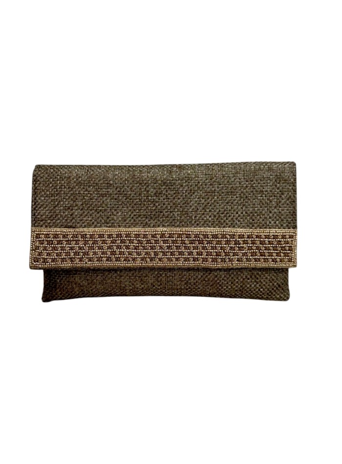 Portefeuille en jute doré avec pierres et chaîne en or