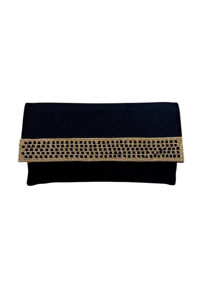 Portefeuille en jute noir avec pierres et chaîne dorée