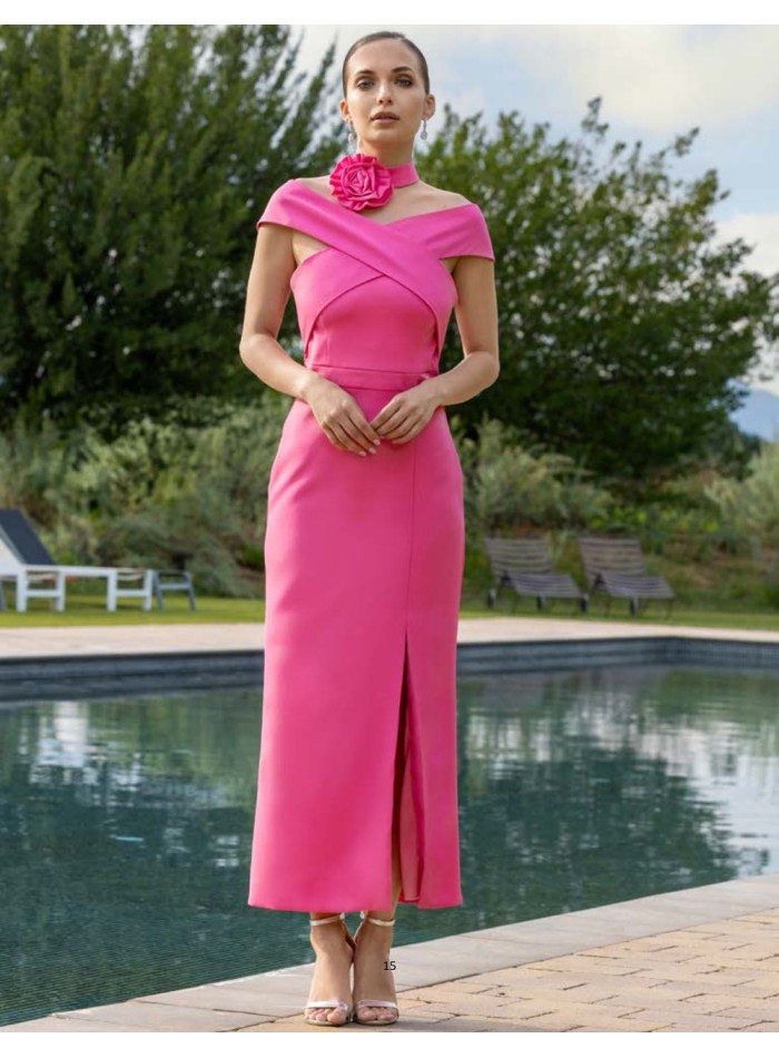 Midi guest dress with crossed bandeau neckline