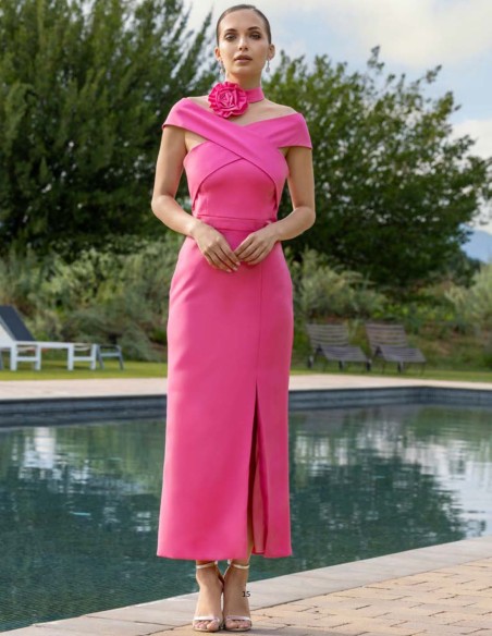 Midi guest dress with crossed bandeau neckline