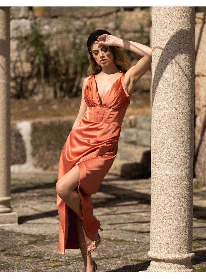 Midi party dress with draped corset and side...