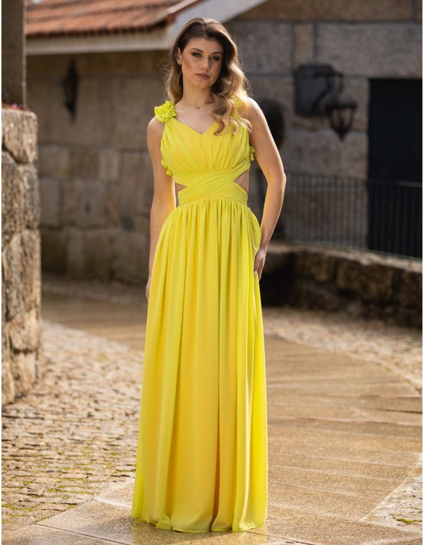 Long yellow party dress with flower details