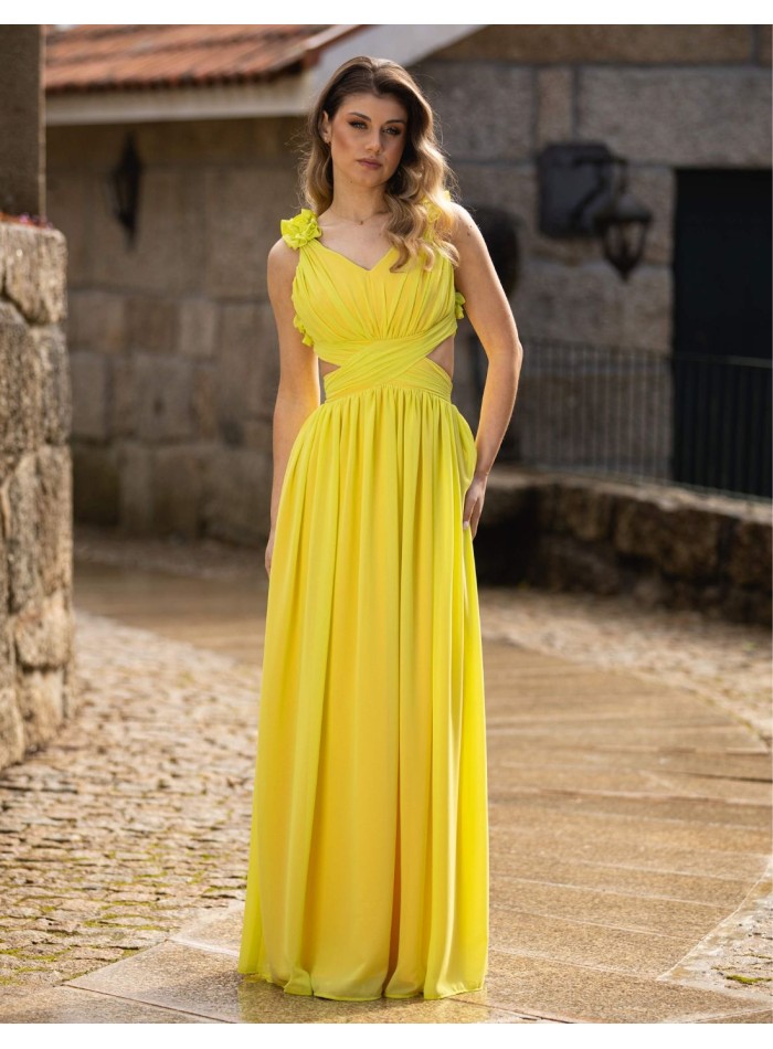 Longue robe de soirée jaune avec détails floraux