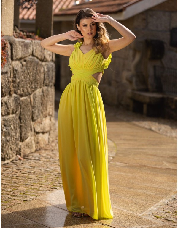 Long yellow party dress with flower details 2