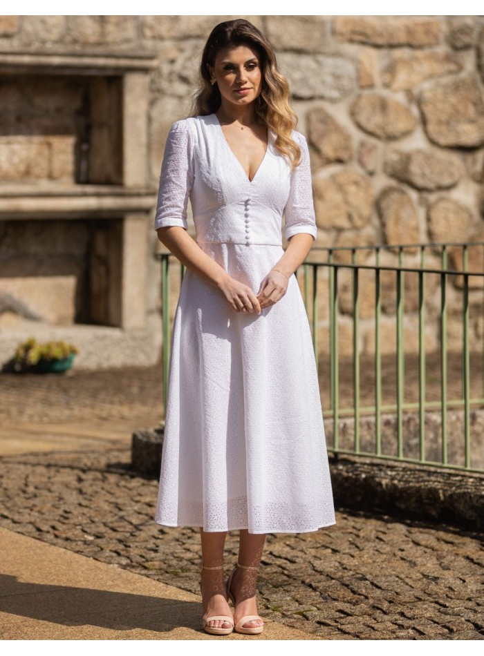 White midi dress with embroidery and French sleeves