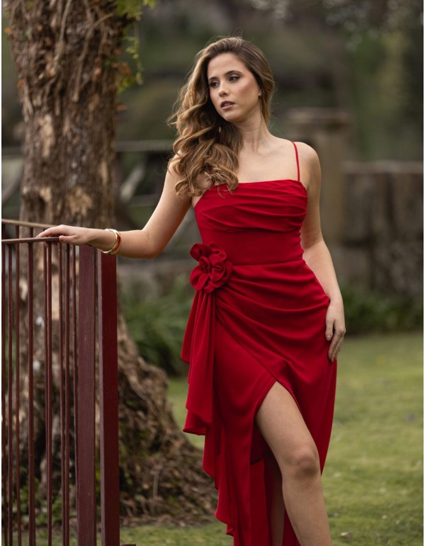 Long red party dress with ruffles and flower details 2