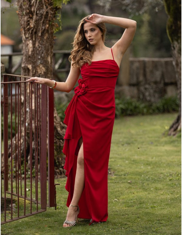 Long red party dress with ruffles and flower details