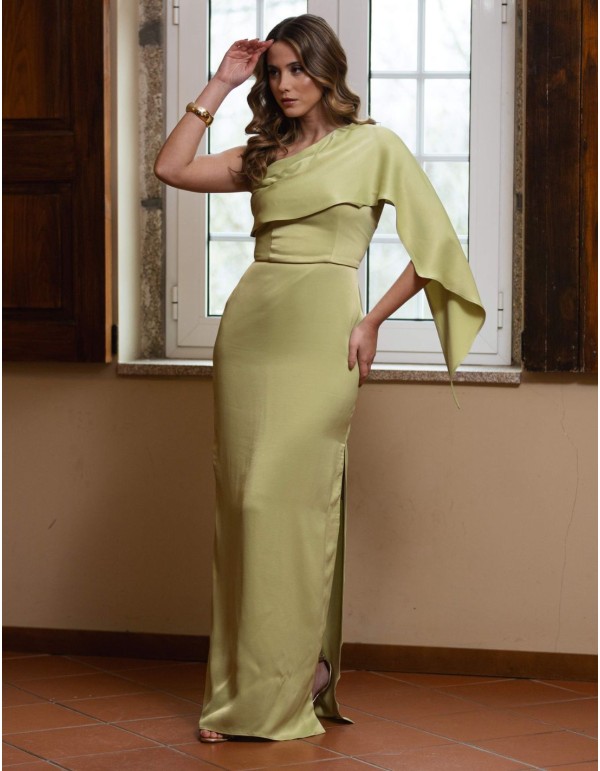 Long green party dress with asymmetrical neckline