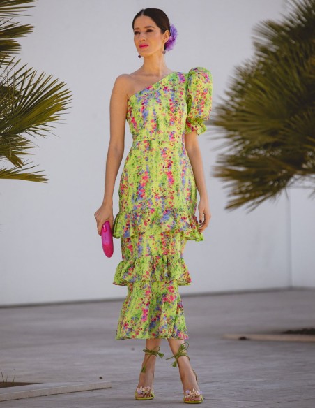Vestido de invitada asimetrico estampado de flor verde