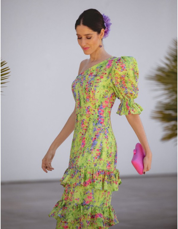 Asymmetric green flower print guest dress 2