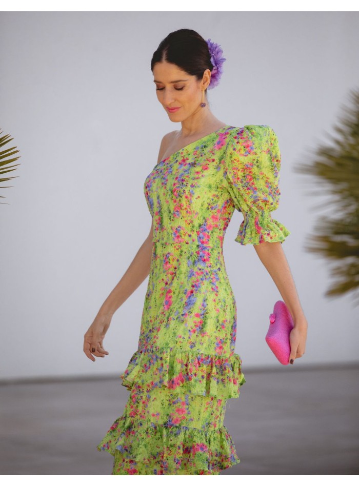 Asymmetric green flower print guest dress