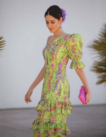 Asymmetric green flower print guest dress