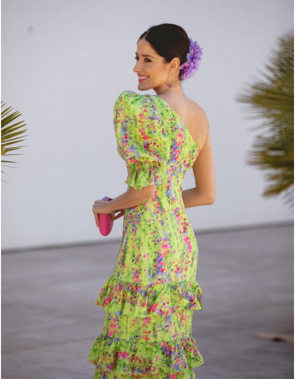 Asymmetric green flower print guest dress