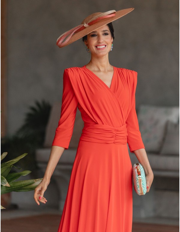 Orange midi guest dress with crossover neckline 2
