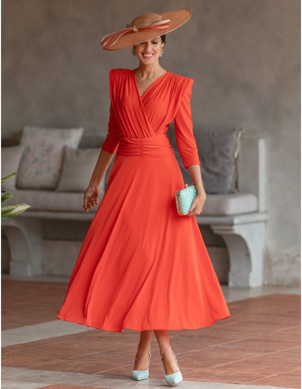 Orange midi guest dress with crossover neckline