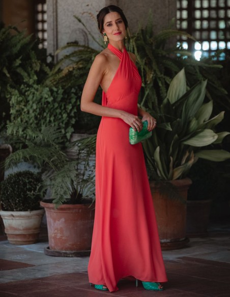 Long party dress with crossover halter neckline